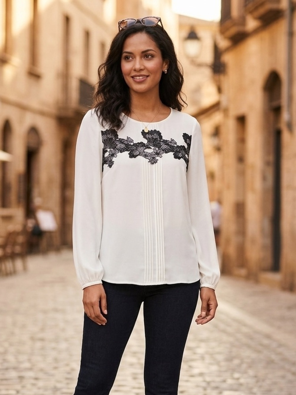 NWT Talbots Ivory Silk-Feel Blouse with Black Lace Inset & Pintuck Detail Size M